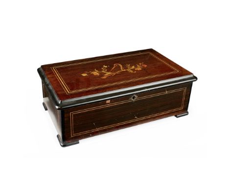 SWISS ROSEWOOD AND GRAIN-PAINTED MUSIC BOX  LATE 19TH/ EARLY 20TH CENTURY   the inlaid and ebonised case opening to a brass c