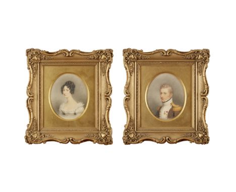 PAIR OF REGENCY PORTRAIT MINIATURES  EARLY 19TH CENTURY   oval, watercolour on card, depicting three-quarter profiles of a Li