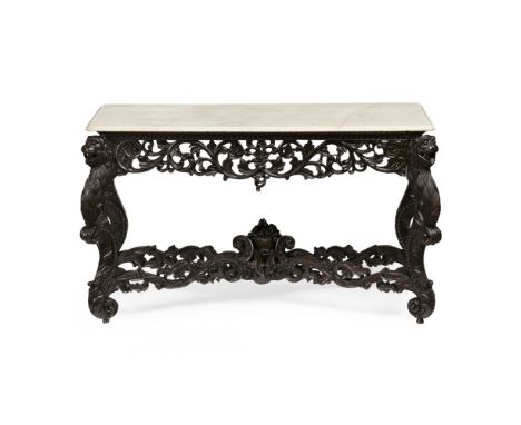 ANGLO-COLONIAL TEAK MARBLE TOP CONSOLE TABLE  19TH CENTURY   the rectangular white marble top with a moulded edge over a foli