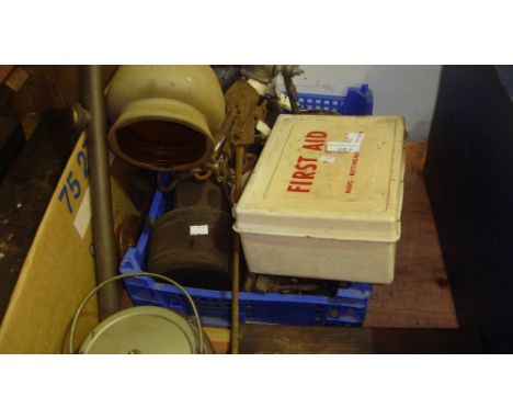 Box of oddments including scales, bottle jack, vintage garden sprayer etc.