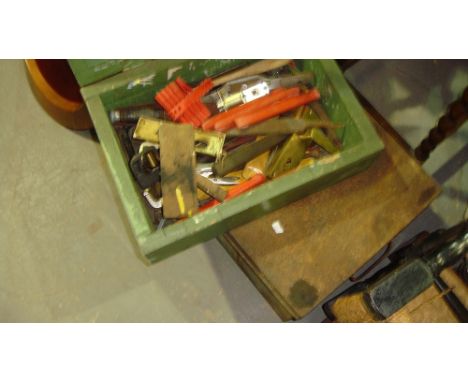Vintage tin trunk of assorted tools and wooden box of tools
