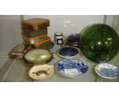 Assorted vintage tins, glass bouy, trinket dishes etc. etc.
