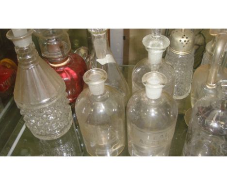 Assorted vintage glass Laboratory bottles, cranberry glass paraffin lamp etc.