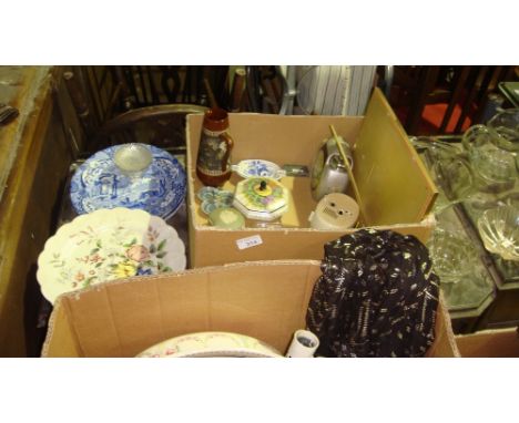 3 x boxes of decorative china glass & oddments, enamel jug, chamber pots, table lamps etc.