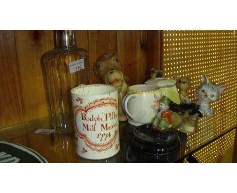 Silver plated hip flask, Sylvac dog ornament and other decorative animal ornaments & 1774 cream ware mug (damaged)