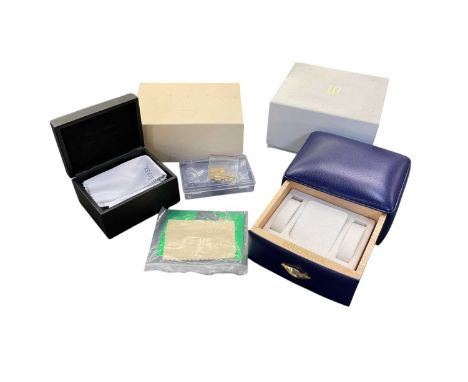 ROLEX; a vintage Rolex The Watch Company black leather watch box, outer Rolex box, Rolex tag, Rolex Oyster Perpetual GMT-Mast