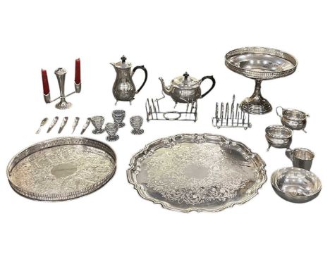 A quantity of silver plated items, including a four piece tea service, two toast racks, a boxed Christofle bowl, etc.