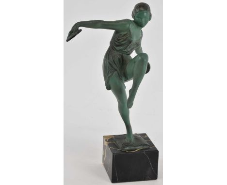 † AFTER PIERRE LE FAGUAYS; an Art Deco style green painted spelter figure, 'Cymbals Dancer', mounted on marble base, inscribe