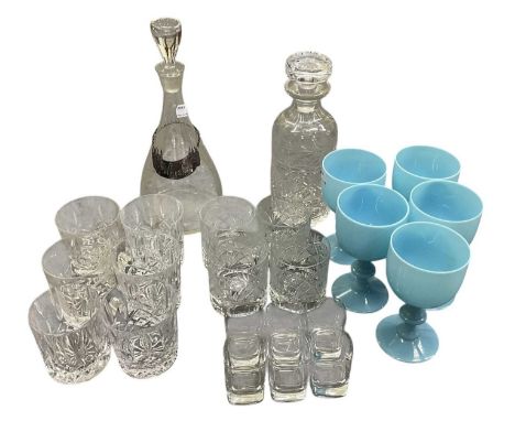 A modern hallmarked silver decanter label, 'Whisky', London 1965, approx 0.45ozt/14.5g, also two cut glass decanters, a set o