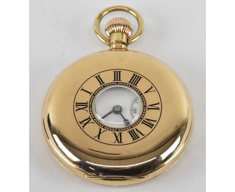 J W BENSON; a 9ct yellow gold half hunter cased pocket watch, the white enamel dial set with Roman numerals and subsidiary se