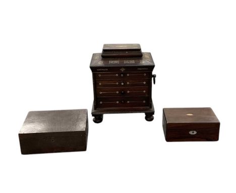 A late 19th century rosewood mother of pearl inlaid sarcophagus form tabletop work cabinet, the hinged lid enclosing fitted i