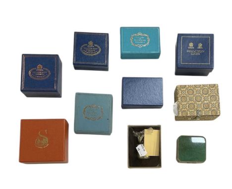 A collection of ten decorative enamelled trinket boxes and eggs including Halcyon Days, cloisonné enamelled examples, etc.