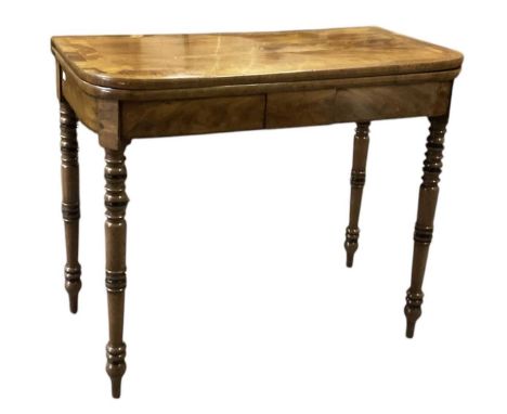 A late 19th century mahogany fold-over card table, width 92cm, depth 45cm.