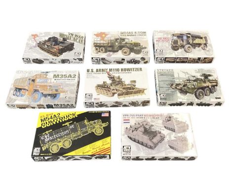 AFV CLUB; eight 1:35 scale military vehicle model sets including YPR-765 Prat, US Army M54A2 Guntruck, 6x6 2-1/2 Ton Cargo Tr