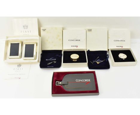 BRITISH AIRWAYS, CONCORDE; seven items of merchandise comprising of two small sterling silver snuff boxes with the Concorde e