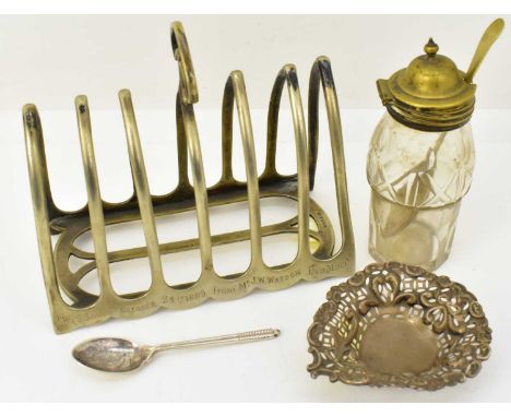 JOHN MILLWARD BANKS; a Victorian hallmarked silver small heart shaped pierced trinket dish, raised on three ball feet, Birmin