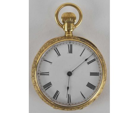 An 18ct gold open face pocket watch of small proportions, the white enamel dial set with Roman numerals and outer minute trac