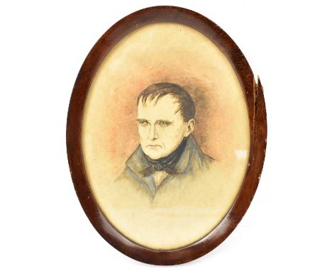 A 19th century watercolour and pencil portrait of, possibly, Napoleon, in an oval frame, overall length 19.5cm, (af).