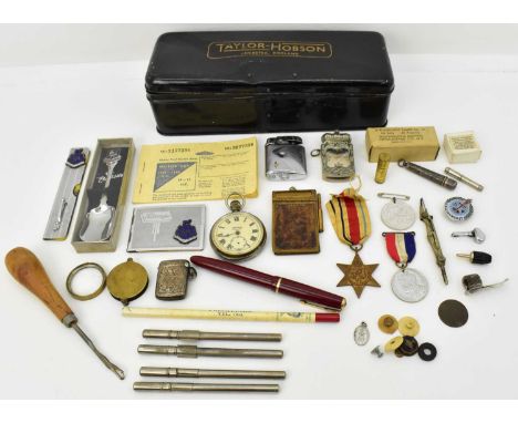 A quantity of various mixed collectables including a chrome stamp case, a pocket comb in holder, a motor fuel ration book, a 