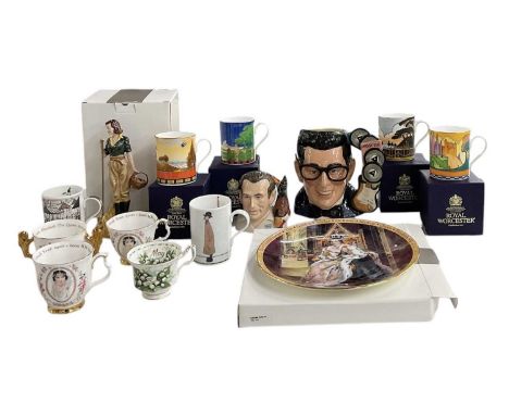 ROYAL WORCESTER; four boxed modern mugs, a Royal Doulton character jug modelled as Buddy Holly, D7100, a miniature Royal Doul