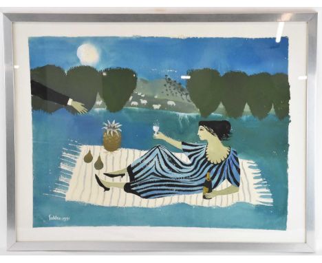 † MARY FEDDEN (1915-2012); watercolour, 'The Striped Dress', signed and dated 1991 lower left and with handwritten label vers