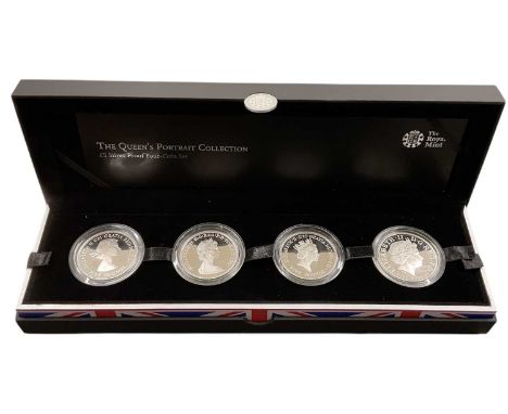 ROYAL MINT; a cased five pound silver proof four coin set, 'The Queen's Portrait Collection', in original case, with booklet 