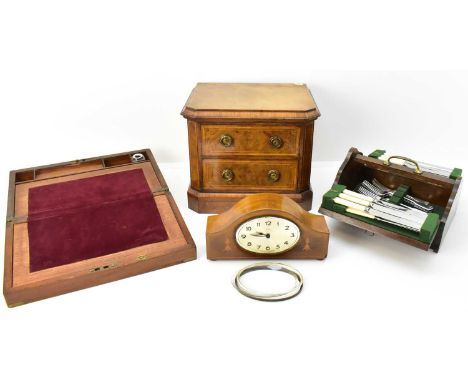 Various items of vintage woodenware comprising an oak cased canteen of cutlery, with brass carry handle, height 16cm, length 