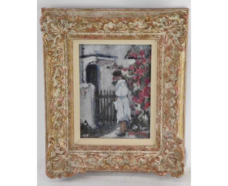 † PRUE SAPP (1928-2013); oil on board, 'By the Cottage Gate', signed lower right and with Wykeham Galleries label verso, 18.5