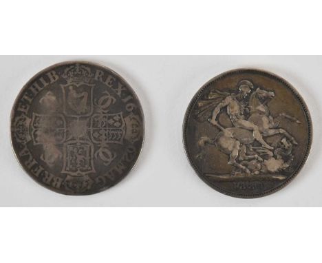 Two silver crowns comprising a Charles II 1662 first bust with rose below crown and a Victoria 1889 Jubilee head crown (2).  