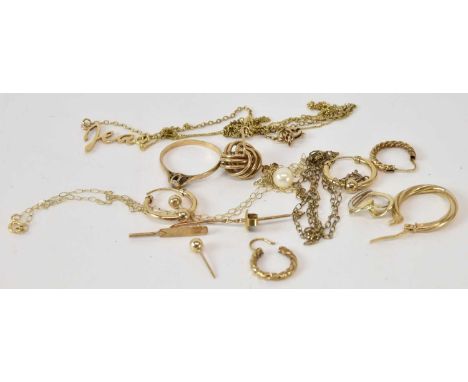 A quantity of scrap 9ct yellow gold and yellow metal jewellery, comprising a pair of 9ct yellow gold earrings, a 9ct yellow g