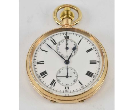 A 9ct yellow gold open face pocket watch, the white enamel dial set with Roman numerals, subsidiary seconds, minute counter a