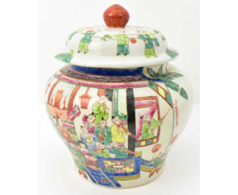 A late 19th/early 20th century Chinese short temple jar and lid, decorated with polychrome festive scene with emperor and chi