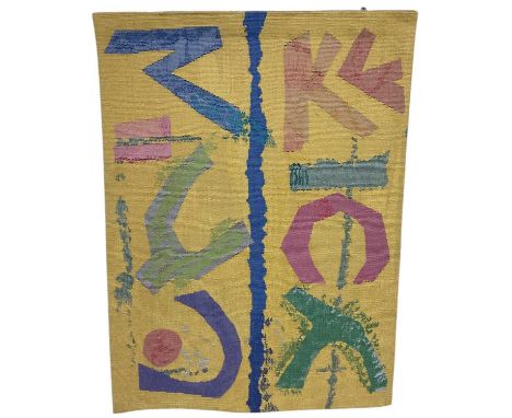 A modern yellow ground Memphis style tapestry wall hanging, 'Yellow Hieroglyphics', 100 x 75cm.