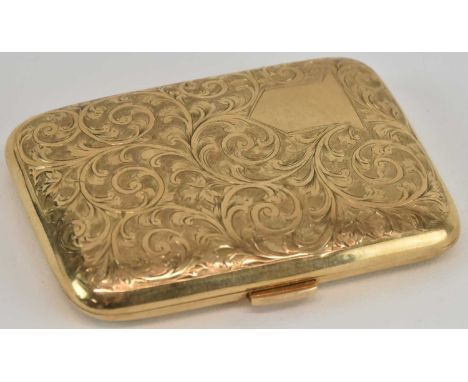 A 9ct gold breast pocket cigarette case with all over floral feather decoration, with blank shield to top left, sprung clasp 