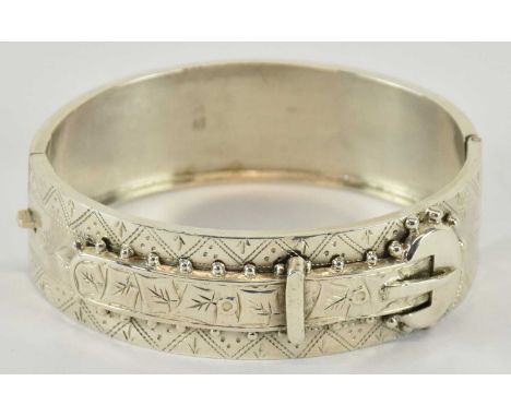 A Victorian hallmarked silver bangle, modelled as a buckle, Chester 1866, diameter 6cm, approx 22.5g.