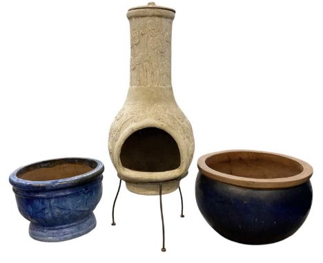 A large blue glazed stoneware planter, diameter 51cm, height 32cm, a smaller blue glazed stoneware planter, diameter 41cm, he