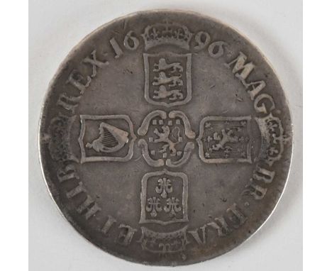 A William III 1696 silver crown, stops on both sides, correct DEI, first bust, diameter 39.4mm, approx 29.87g.Condition Repor