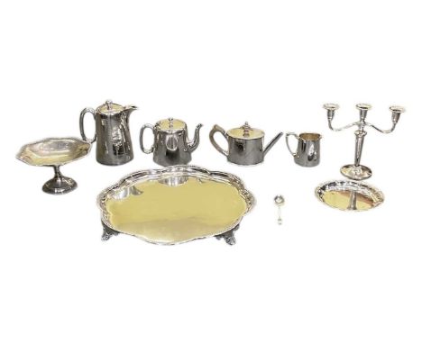 A small quantity of silver plated items including large circular salver, diameter 42cm, smaller salver, three branch candlest