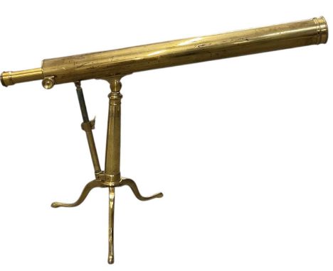 BROADHURST CLARKSON &amp; CO; a late 19th/early 20th century brass tripod telescope with folding base, the barrel dating to t