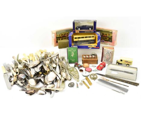 A group of various mixed collectables including a quantity of silver plated cutlery, diecast vehicles including a Corgi Metro