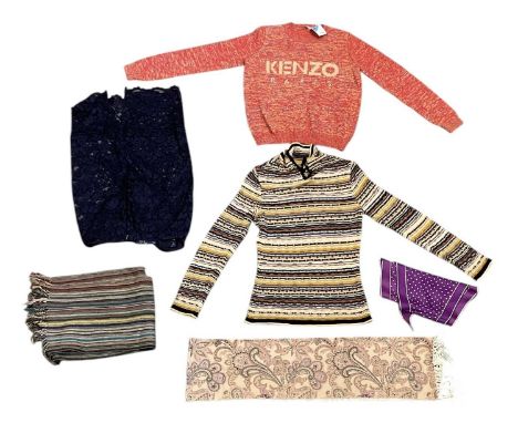 MISSONI; a multicoloured woven wool jumper, a Kenzo jumper, a Ralph Lauren skirt, a Ralph Lauren scarf, a Trussardi scarf, a 