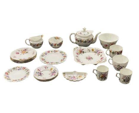 ROYAL CROWN DERBY; a part tea service decorated in the 'Derby Posies' pattern, including two teacups, sugar bowl, smaller sug