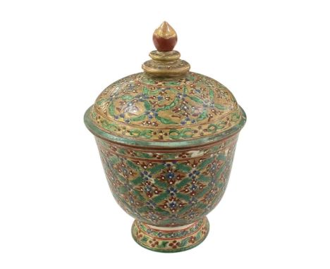 An early 20th century Chinese circular bowl with cover, the gilt ground painted in enamels, height to top of finial approx 20