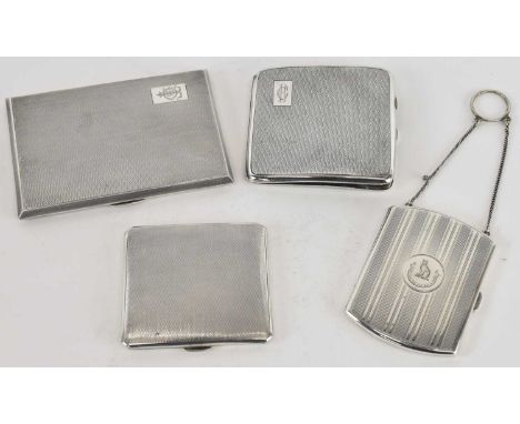 Four hallmarked silver cigarette cases, the largest with engine turned decoration and initials 'TBD' to top left corner, 12.5