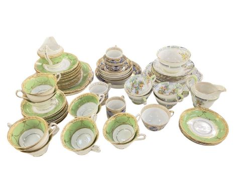 Three part tea services including a Mortlock Ltd green ground gilt decorated tea service comprising twelve teacups, milk jug,
