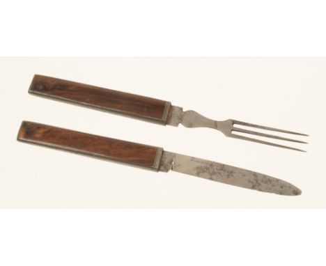 A mid 19c campaign knife and fork set with rosewood inlaid handles G+