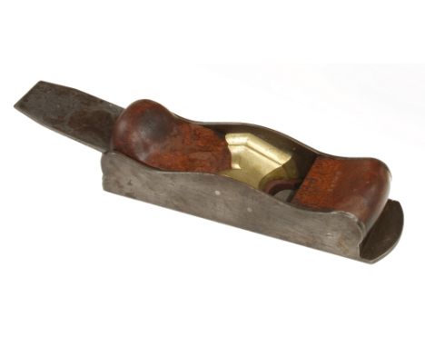 A heavy, very low angle iron mitre plane 11" x 3" with mahogany infill and wedge and cupids bow brass bridge G