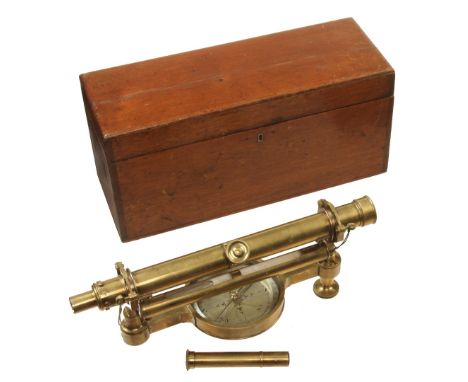 A 19c brass 14" level with compass by COX Devonport in orig fitted mahogany box G+ 