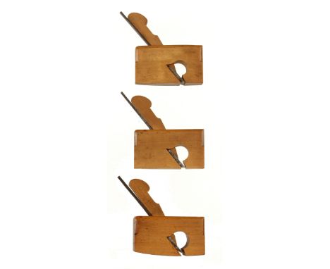 A fine and little used set of 3 miniature boxwood flat, compass and radiussed planes by PRESTON 3 1/2" x 1" F. DAW