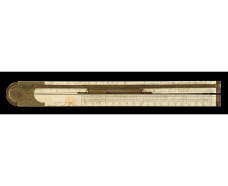 An unusual 2' two fold ivory slide rule by J PARKES & Son Regist'd Jan'y 10 1850 with LSD scales, brass protractor hinge and 